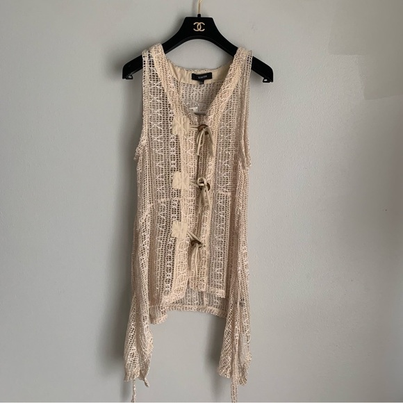 NWT Kaktus mesh crochet button up sleeveless top boho Lagen look beige large - Picture 7 of 7